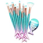An 11-piece makeup brush set with rosegold and multicolor handles, suitable for all skin types.