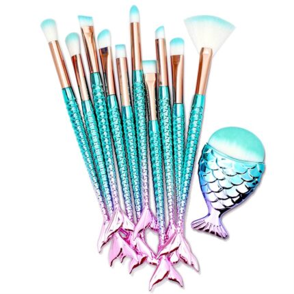 An 11-piece makeup brush set with rosegold and multicolor handles, suitable for all skin types.