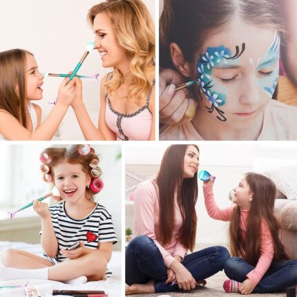 An 11-piece makeup brush set with rosegold and multicolor handles, suitable for all skin types.