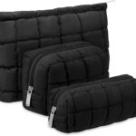 Set of three black puffy quilted checkered cosmetic bags with zippers, shown in various sizes for travel and organization