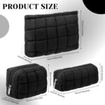 Set of three black puffy quilted checkered cosmetic bags with zippers, shown in various sizes for travel and organization