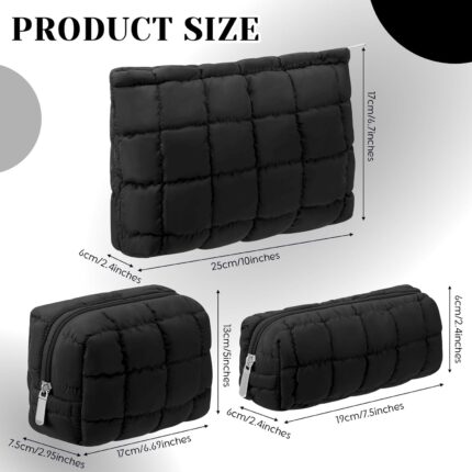 Set of three black puffy quilted checkered cosmetic bags with zippers, shown in various sizes for travel and organization