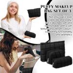 Set of three black puffy quilted checkered cosmetic bags with zippers, shown in various sizes for travel and organization