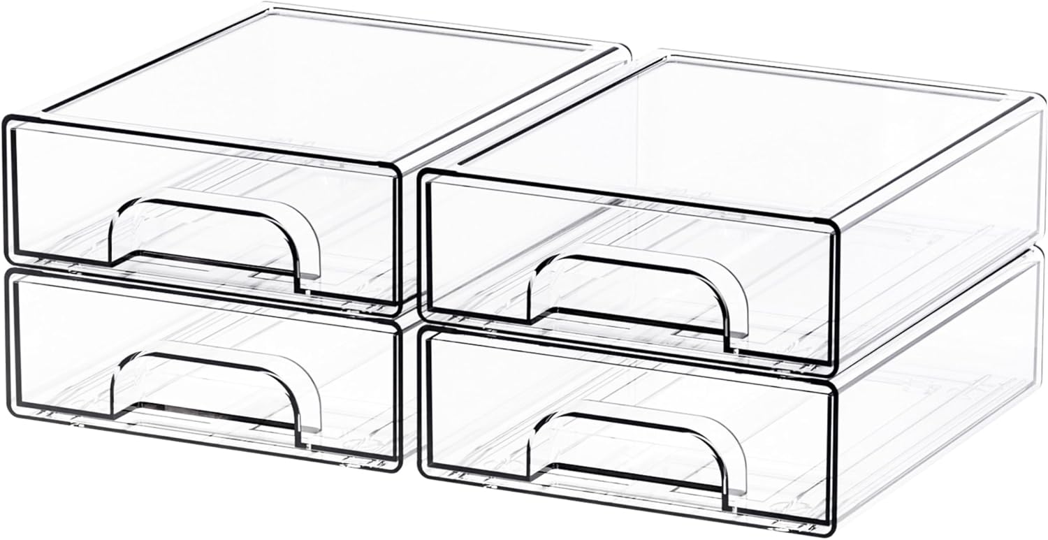 4 Pack Clear Stackable Small Storage Drawers for Desk Organization, 2.2'' Tall Four clear plastic stackable storage drawers on a desk, filled with various small items like pens, makeup, and hair clips.