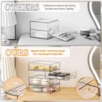 Four clear plastic stackable storage drawers on a desk, filled with various small items like pens, makeup, and hair clips.