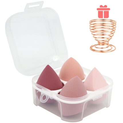 Four pink makeup sponges in various shapes, with a drying holder and a protective egg-shaped storage case