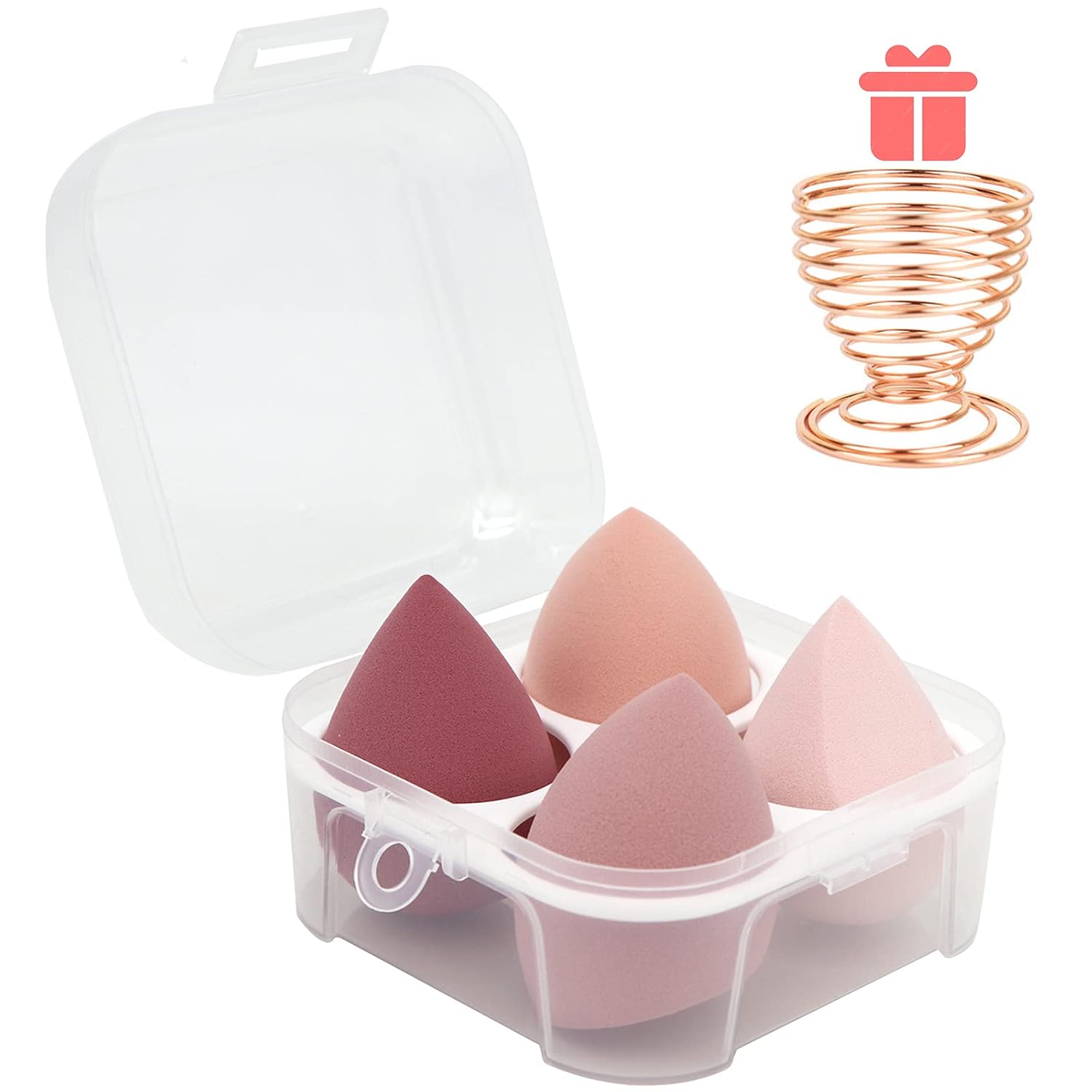 4-Piece Makeup Sponge Set with Holder & Case - Flawless Blending for All Cosmetics Four pink makeup sponges in various shapes, with a drying holder and a protective egg-shaped storage case