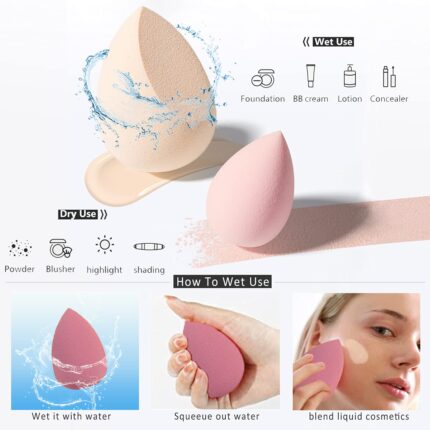 Four pink makeup sponges in various shapes, with a drying holder and a protective egg-shaped storage case