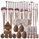A comprehensive 44-piece professional brown makeup brush set, including brushes for foundation, eyes, and face.
