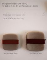 A set of five brown square foundation sponges, shown ready for use with liquid makeup.