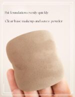A set of five brown square foundation sponges, shown ready for use with liquid makeup.