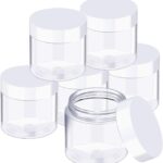 Set of six clear 3 oz plastic jars with white screw-on lids for storage and organization