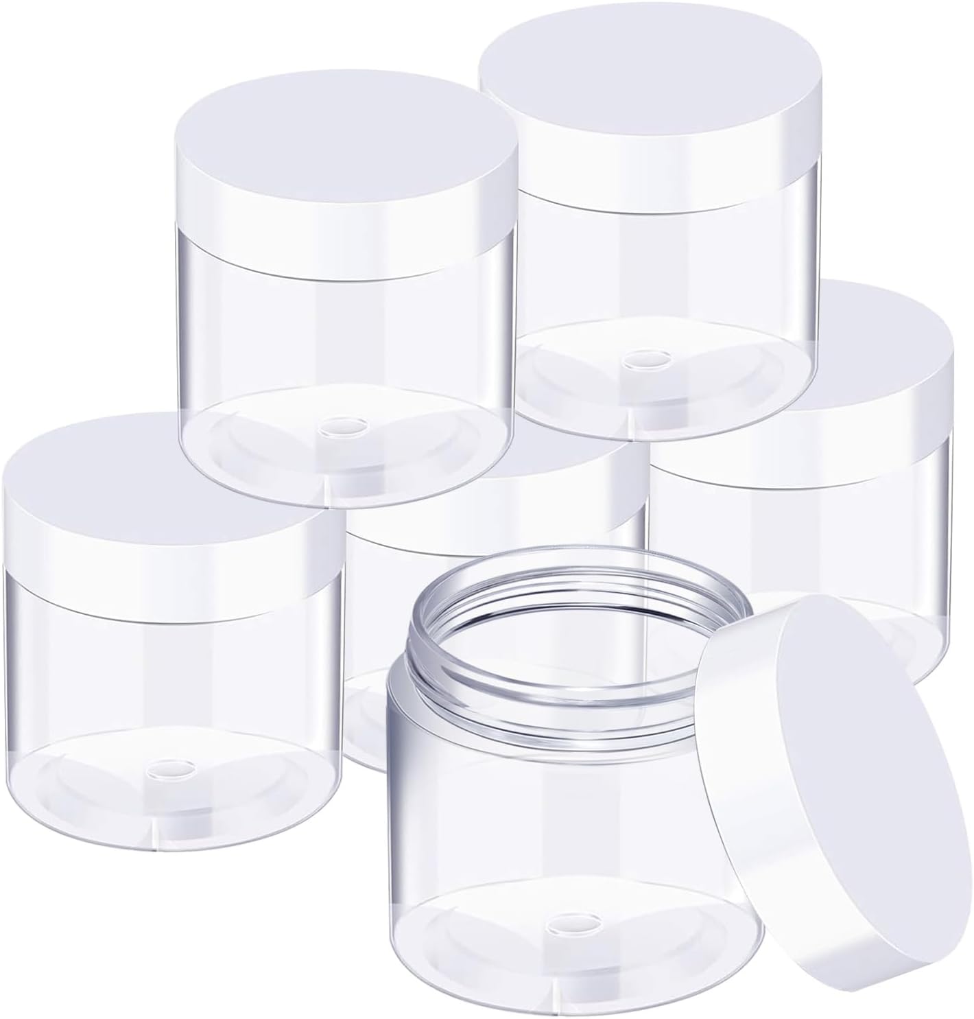 6 Pack 3 oz Plastic Jars with Lids for Travel, Home & Kitchen Organizing Set of six clear 3 oz plastic jars with white screw-on lids for storage and organization