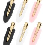 Set of 6 creaseless flat hair clips in black, white, and pink with gold handles, holding bangs away from face.