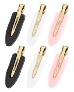 Set of 6 creaseless flat hair clips in black, white, and pink with gold handles, holding bangs away from face.