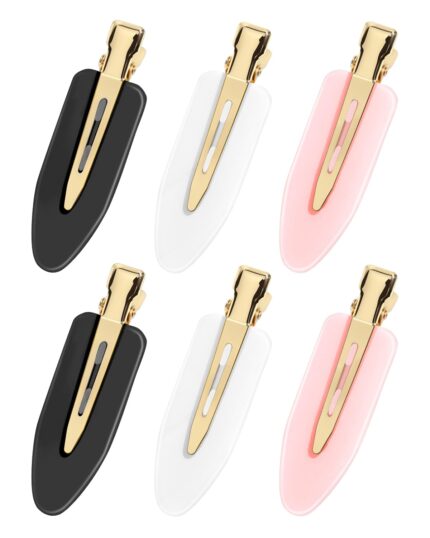 Set of 6 creaseless flat hair clips in black, white, and pink with gold handles, holding bangs away from face.