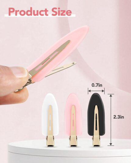 Set of 6 creaseless flat hair clips in black, white, and pink with gold handles, holding bangs away from face.