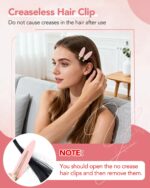 Set of 6 creaseless flat hair clips in black, white, and pink with gold handles, holding bangs away from face.