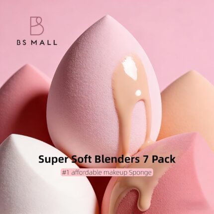 A set of seven pink makeup sponges in various shapes, including one mini, neatly arranged in an open gradient pink storage ca