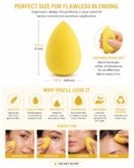 Three yellow teardrop-shaped makeup sponge blenders on a clean surface, ready for foundation application.