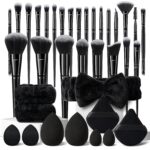 36-piece black makeup brush set with synthetic bristles and ergonomic handles for professional application.