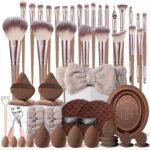36-piece black makeup brush set with synthetic bristles and ergonomic handles for professional application.