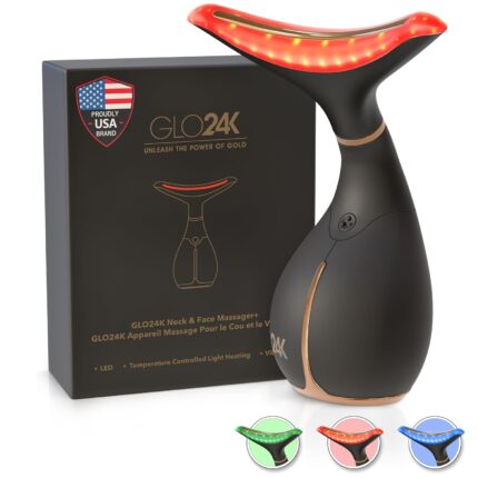 A black LED face and neck massager wand with a sleek design, shown with its protective cover and charging cable.