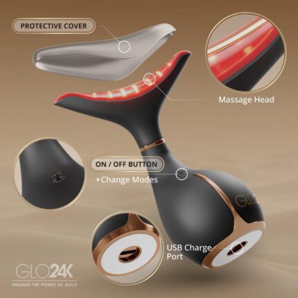 A black LED face and neck massager wand with a sleek design, shown with its protective cover and charging cable.