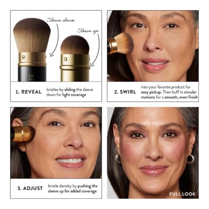 Retractable black kabuki airbrush foundation brush with dense nylon bristles and an aluminum handle
