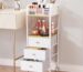 White and natural wood rolling makeup cart with three fabric drawers and top compartments for beauty storage