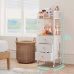 White and natural wood rolling makeup cart with three fabric drawers and top compartments for beauty storage