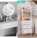 White and natural wood rolling makeup cart with three fabric drawers and top compartments for beauty storage