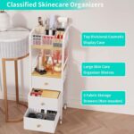 White and natural wood rolling makeup cart with three fabric drawers and top compartments for beauty storage