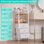 White and natural wood rolling makeup cart with three fabric drawers and top compartments for beauty storage