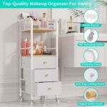 White and natural wood rolling makeup cart with three fabric drawers and top compartments for beauty storage