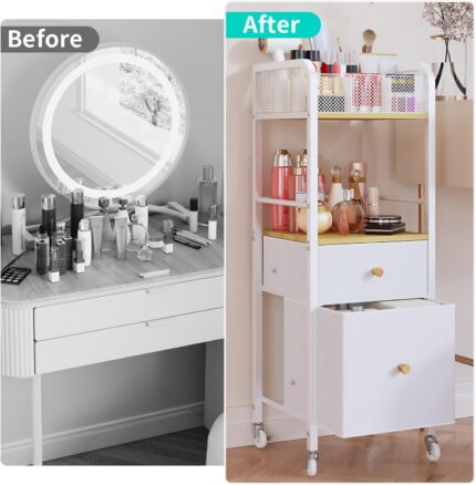 White and wood rolling makeup organizer cart with divided top, open shelf, and two fabric drawers, filled with cosmetics.