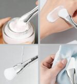 Soft silicone brush applicator for applying face masks, creams, and lotions evenly on the skin, showing the flexible head and